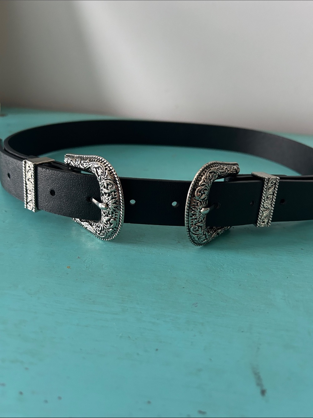 Double Buckle Black Leather Belt with Silver Western Buckles